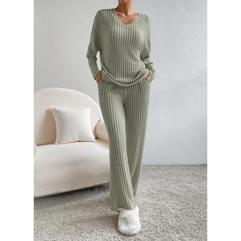 Women Casual Loose V Neck Long Sleeve Knit Top Straight Long Pants Two Piece Set
