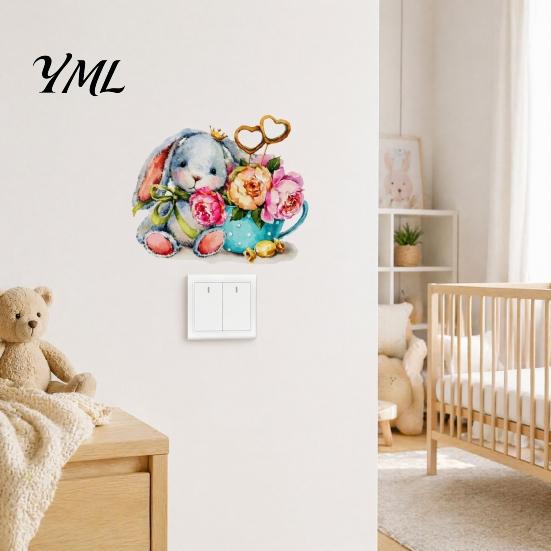 DIY Wall Scene Decorations Watercolor Rabbit & Flowers Light Switch Sticker, Cute Bunny Peel And Stick Decal, Decorative Stickers for Cabinets