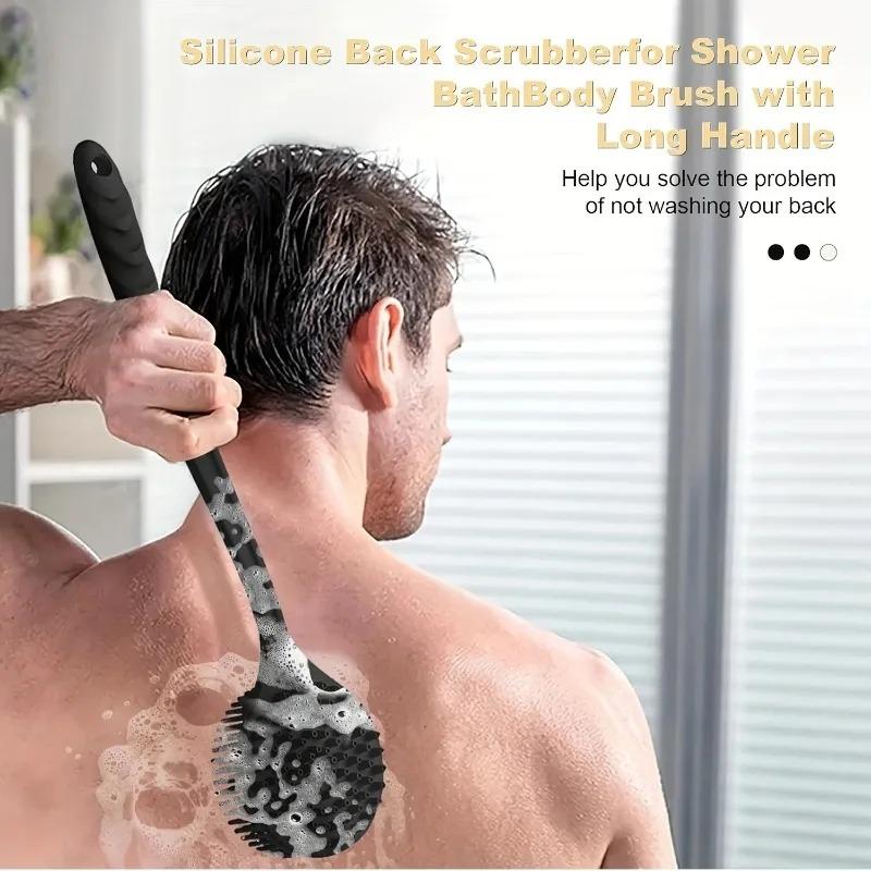 Silicone Bath Brush With Long Handle Double-Sided Extended Easy To Clean & Rinse Exfoliating Massage Brush Bathroom Accessories