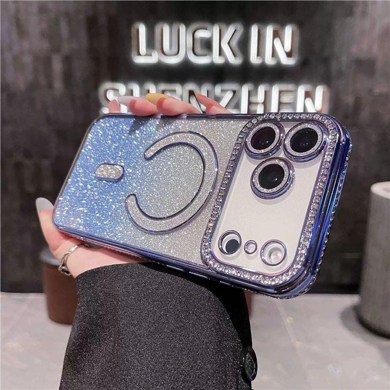 Applicable to iPhone17promax mobile phone case light luxury flash diamond magnetic suction Apple 16 all-inclusive lens film protective case 15