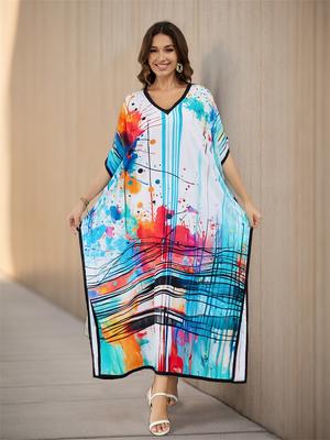 Plus Size Women's Kaftan Bohemian V-neck Long Dress Vibrant Color Swimsuit Cover-up House Robe Outfit Beach Dress Q1594
