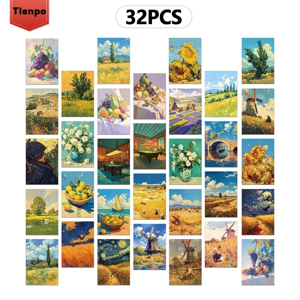 

32pcs, oil painting rustic postcards, room decoration stickers, brochure materials, souvenirs, collectibles and mailing