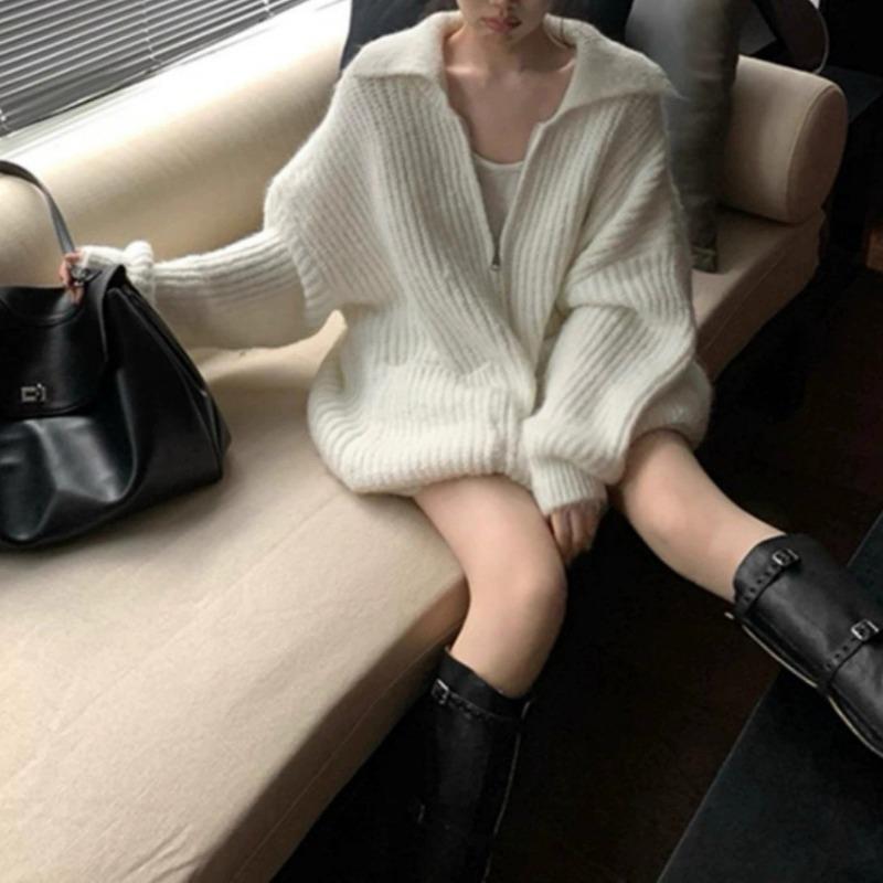 Simple Casual Lapel Zipper Knitted Cardigan Women's Clothing Autumn and Winter New Soft Waxy Loose and Thin Sweater Jacket