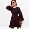 women's solid round neck puff long sleeve high waist a line mini dress with side pockets office casual swing gown