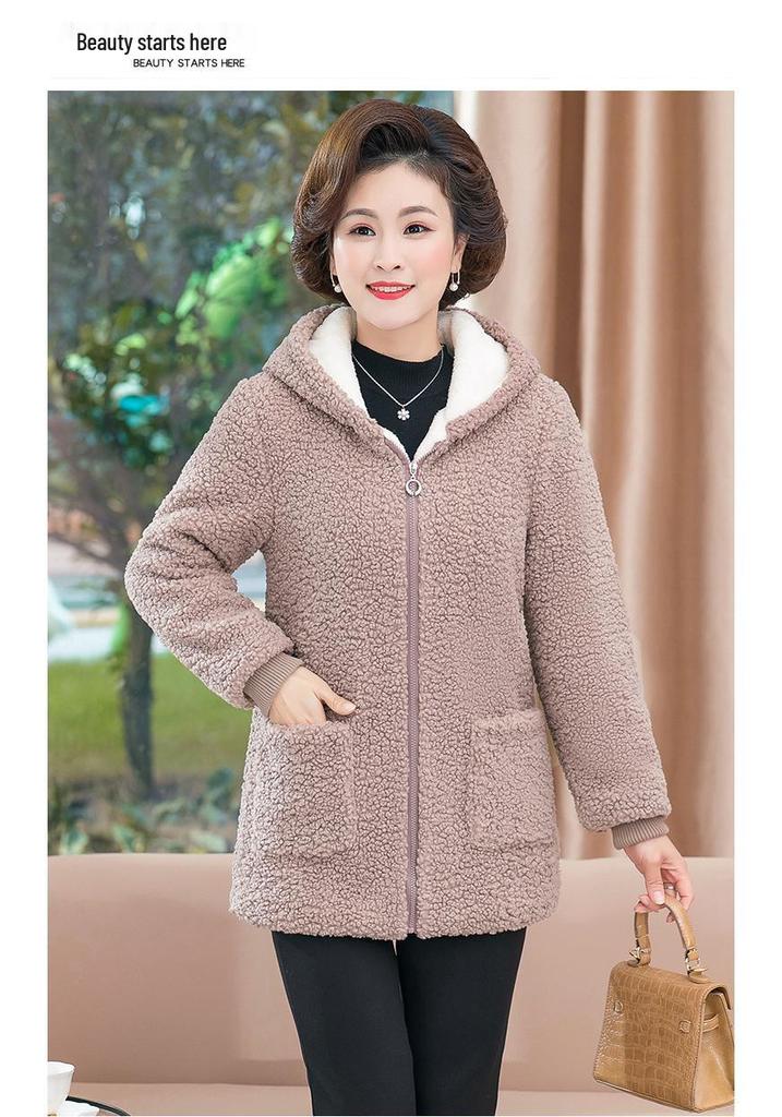 2025 Stylish Winter Coat for Middle-Aged Women: Plus Size, Hooded, Thickened Fleece Jacket with Velvet, Autumn/Winter