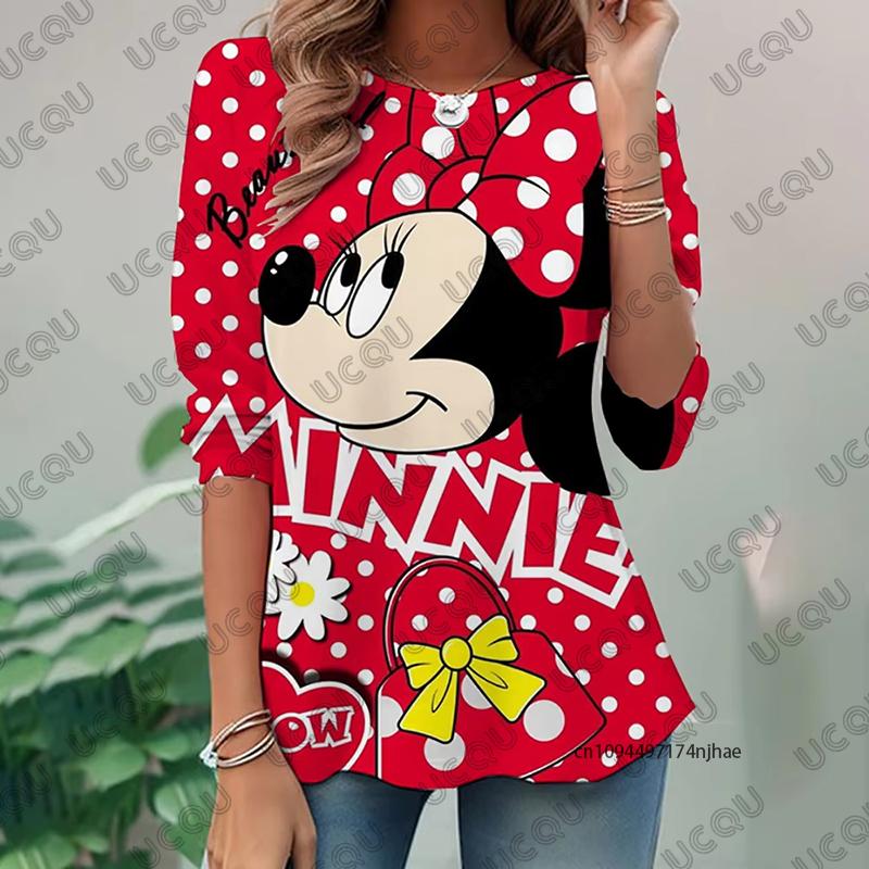 

Cartoon Disney Mickey Mouse Print Womens Long Sleeve Tshirt Autumn Fashion Oneck Tees Casual Pullover Oversized Y2K Tops M