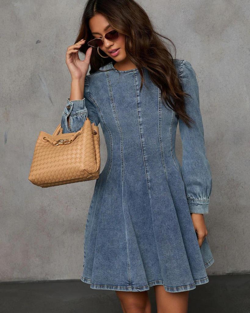 Elegant Autumn Patchwork Waist-Cinching Denim Dress - Long-Sleeved for Women