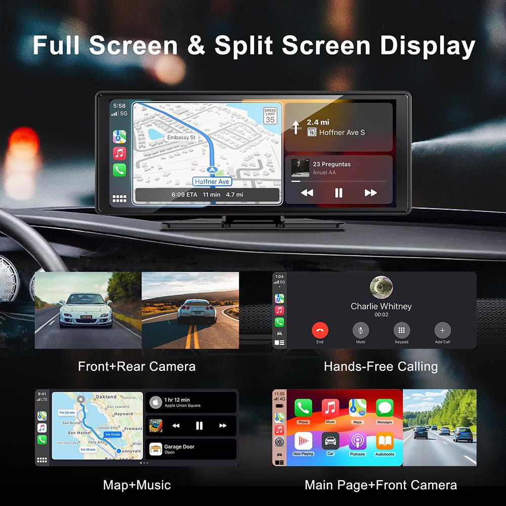 10.26 Inch Car DVR 4K Dash Cam Dual Lens Wireless Carplay & Android Auto Video Recorder Monitor GPS Navigation 5G Wifi FM AUX