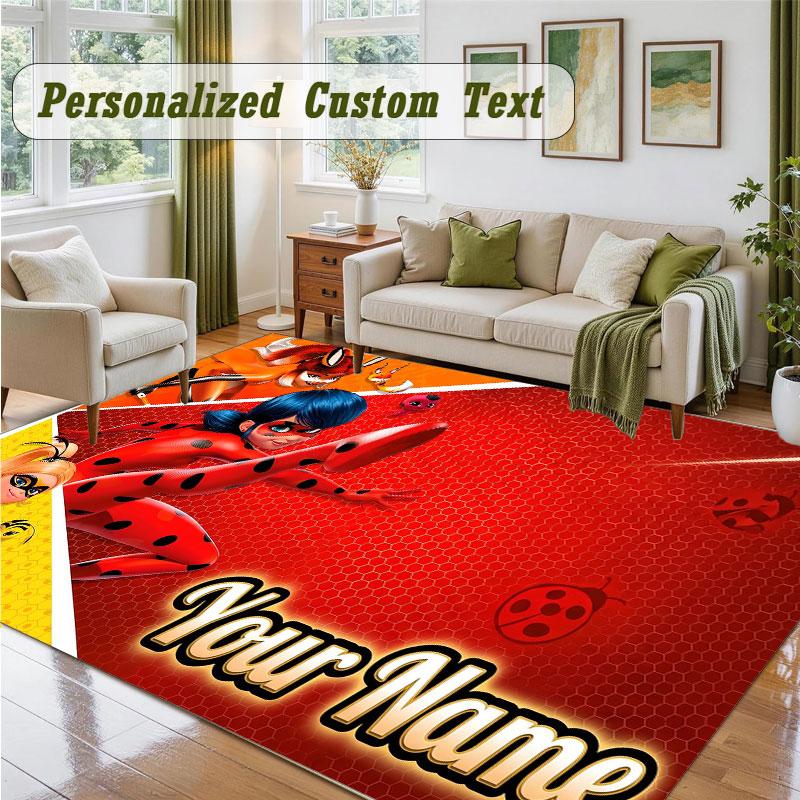 Crystal Velvet Square Rug Custom NameMiraculous Ladybug Pattern Non Slip Home Floor Decor Rug