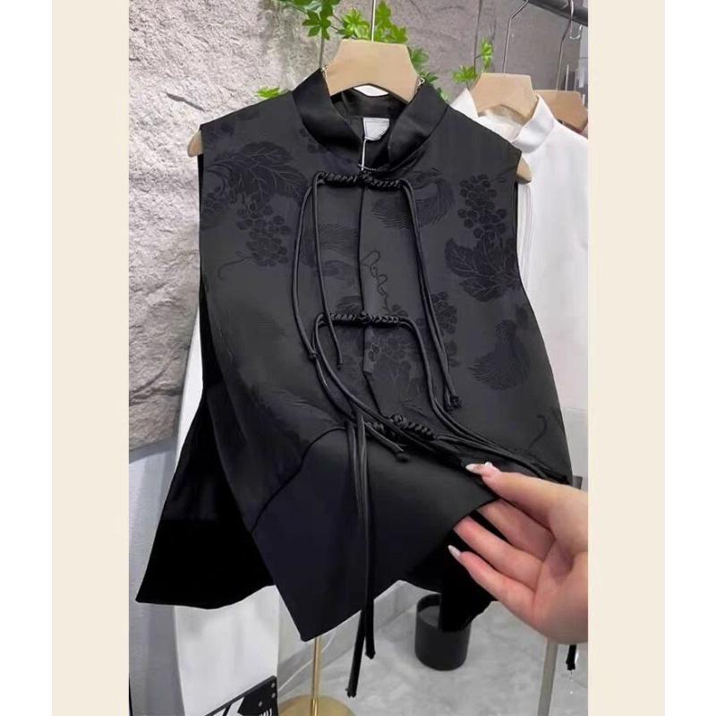 Damen Retro Satin Print Tang Anzug Weste mit Quasten