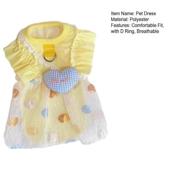 Ruffled Pet Dress, Polka Dot Puppy Dress with Plaid Heart, Cute Dog Princess Dress with D Ring, Breathable Summer Outfit for Small Dogs Cats