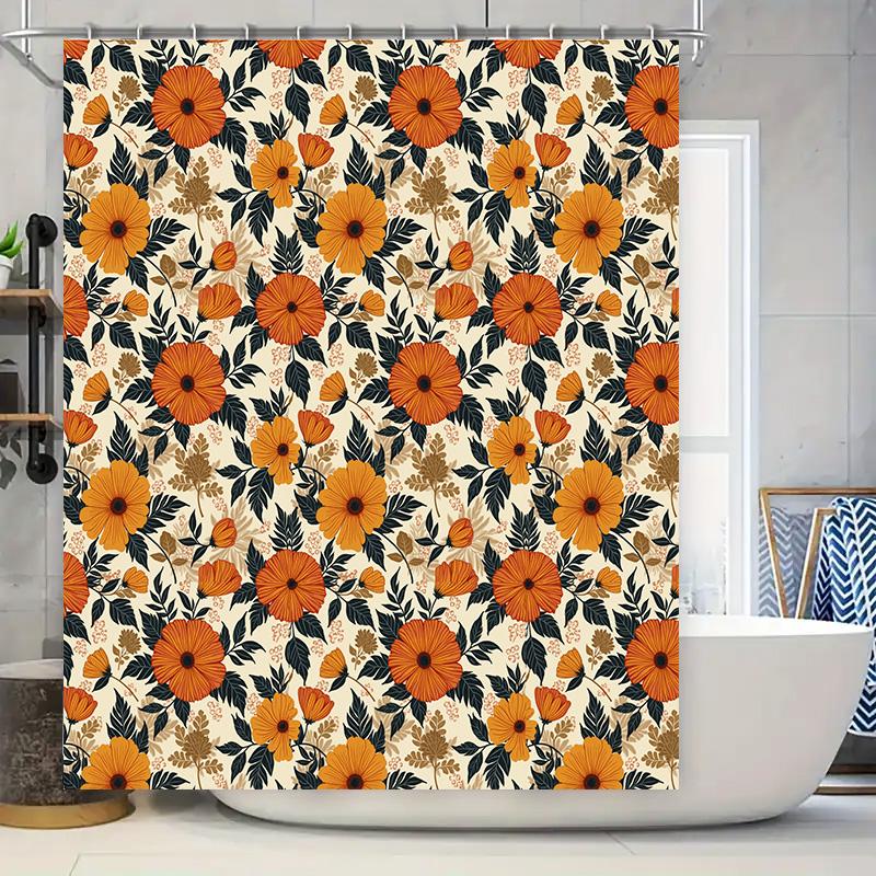 

Modern Floral Shower Curtain Orange Flowers Green Leaves Decorative Bathroom Liner For Kids Bathrooms 72 X 39 (180Cm X 99Cm) [Bl W60H190(CM)-1 Pcs