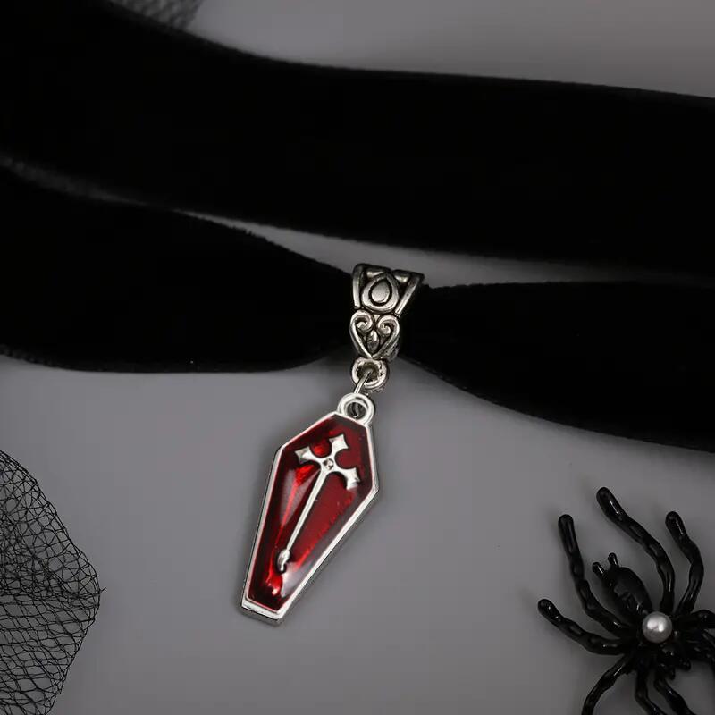 Gothic Style Vintage Velvet Coffin Cross Pendant With Cherry Elements For Halloween Decor