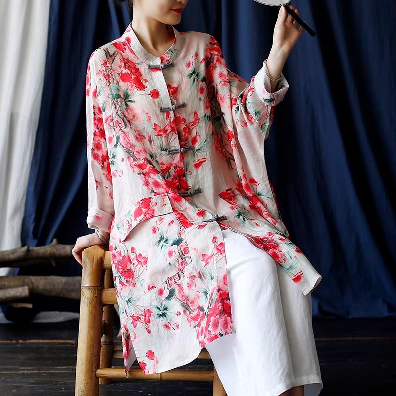Women's Ethnic Print Retro Stand Collar Midi Shirt with Frog Button, Sun Protection, Loose Fit, Plus Size Outerwear.