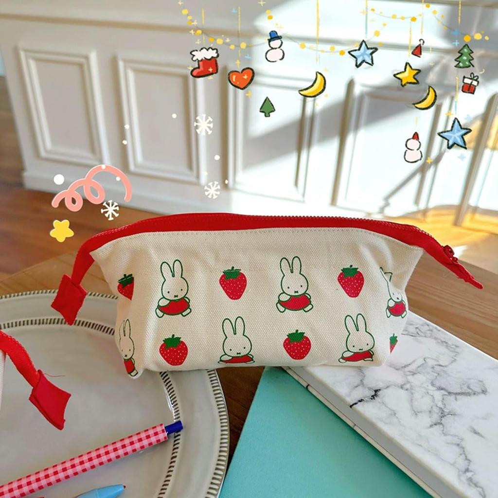 Miffy Strawberry Pencil Large Capacity Stationery Pencil Pencil Multifunctional Cosmetic Simple Canvas Zippered Pencil Easy To For High Elementary and