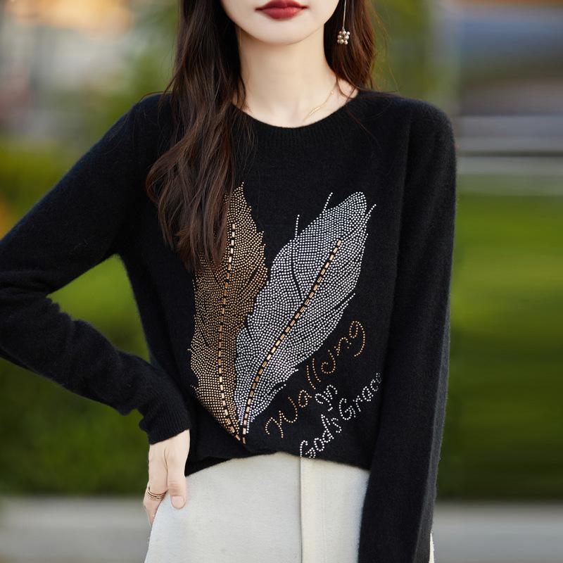 

INDFS Женская мода Повседневный Осень Зима Перо Принт Длинный рукав O-образный вырез свитера XXL чёрный