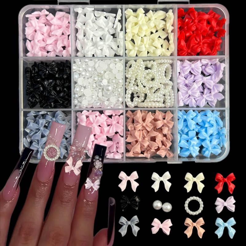 12Grids/Box Mixed Resin Bowknot Nail Art Decorations 3D Charms Kawaii Colorful Bow  Diy Manicure Tools Parts