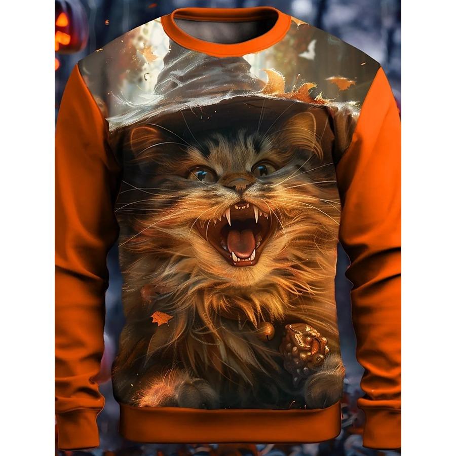 Padrão de gatinho de Halloween impresso em 3D, camiseta masculina de outono com gola redonda, manga comprida casual, pulôver grande, moda tops