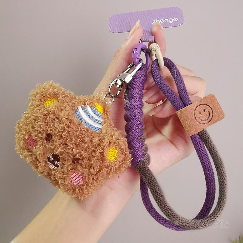 

Mobile phone lanyard cartoon cute bear doll pendant wrist rope short ins wind women s hand rope strong woven rope [purple gray]