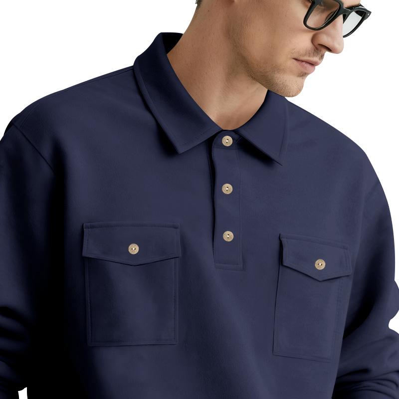 Mens Long Sleeve Polo Collar Casual Workwear Sweatshirt With Pockets