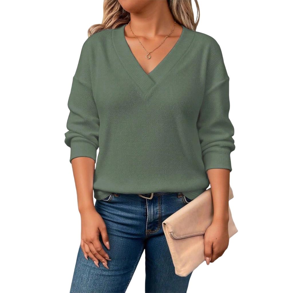 Women's Comfortable Loose Fashion Casual Solid Color V-Neck Long Sleeve Plus Size T-Shirt Top