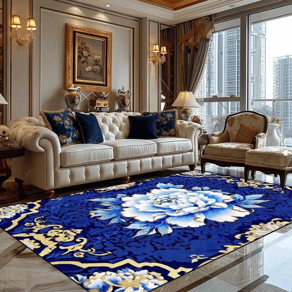 Deluxe European Style Carpet for Living Room Blue Home Decor Bedroom Tea Table Soft Rug Washable Short Plush Lounge Floor Mats