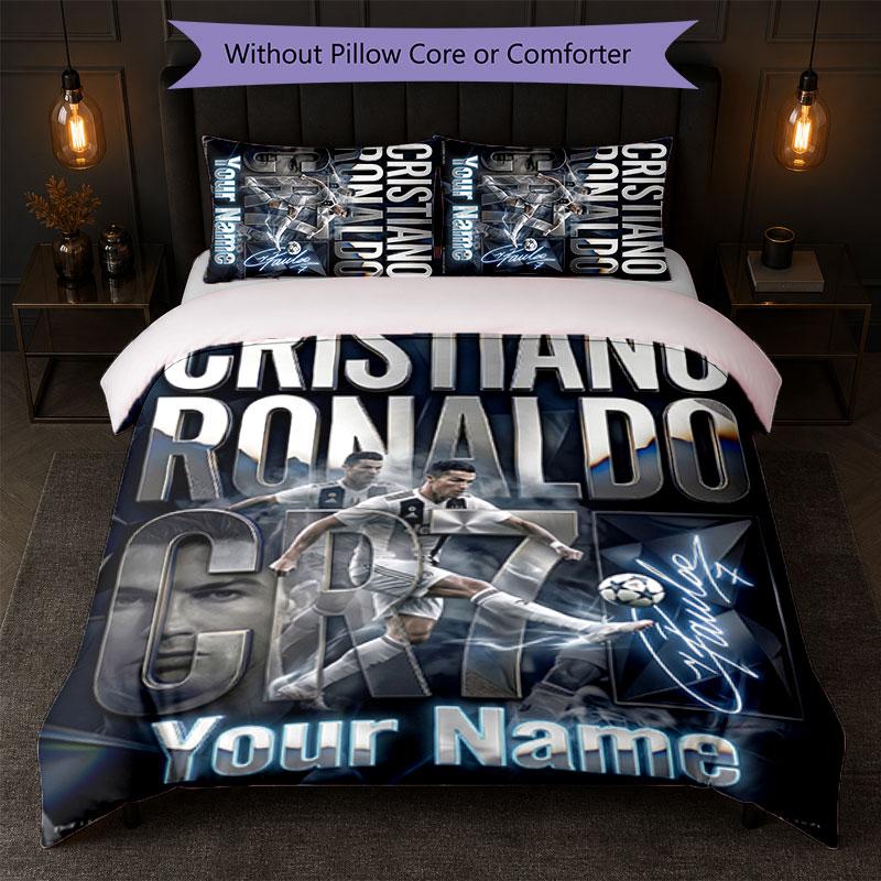 Set Biancheria da Letto Personalizzato Cristiano Ronaldo con Nome Testo 1 Copripiumino+2 Federe Logo Calcio Regalo Personalizzato per Occasione Speciale Arredamento Camera da Letto