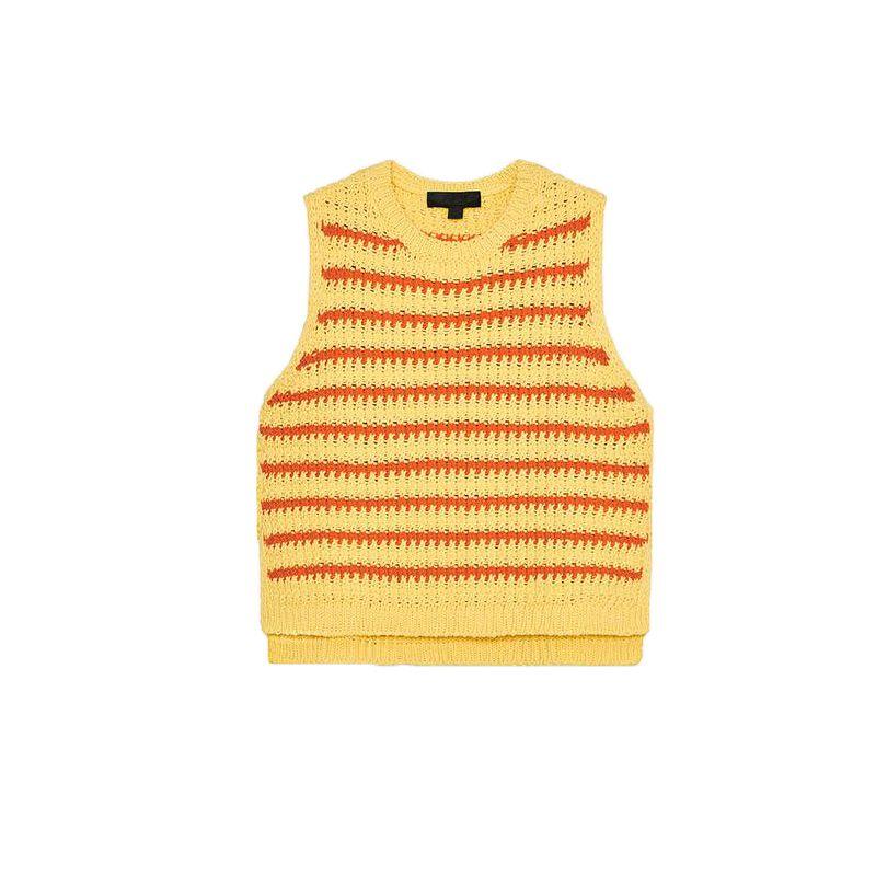 Summer New Product Women's Clothes Hem Side Slit Stylish Stripes Round Neck Sleeveless Knitting Tops 6771065