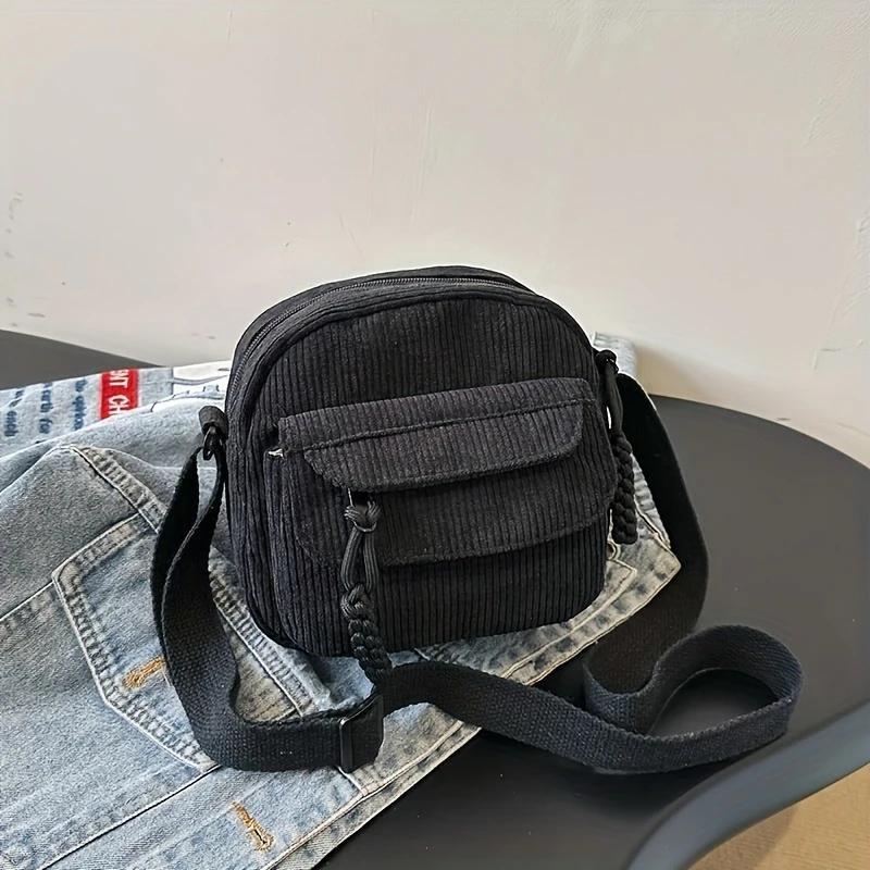 

Corduroy Crossbody Bag Casual Style Zipper Closure Adjustable Strap Multi Pockets Polyester Lining Beige Women Handbags чорний