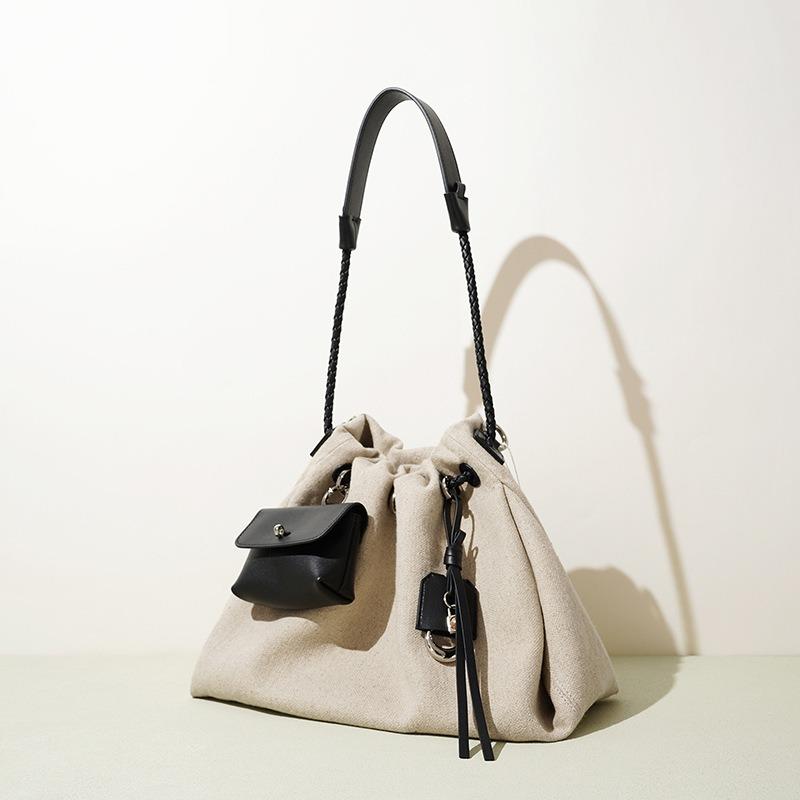 Casual Large-capacity Handbag New Linen First-layer Cowhide Drawstring Cloud Bag Fashion Women's Messenger Bag
