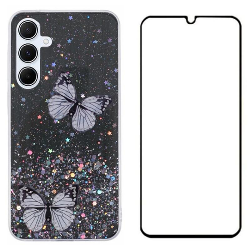 WANLONFENG AW Series for Samsung Galaxy A15 4G/5G Case 3D Butterfly TPU Glitter Phone Cover with Screen Protector