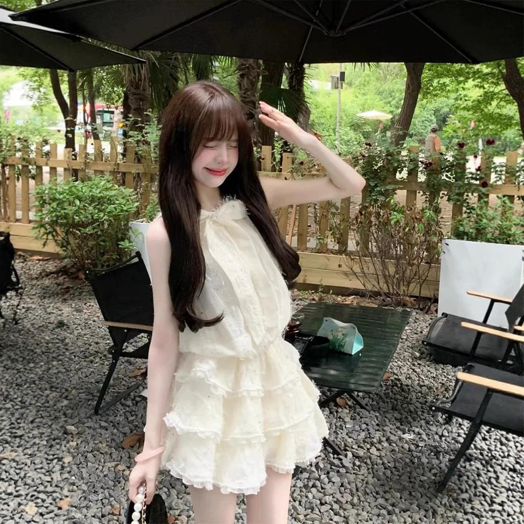 Summer rich family daughter style fine flash cake puffy short skirt light apricot girlish bow sleeveless women's dress