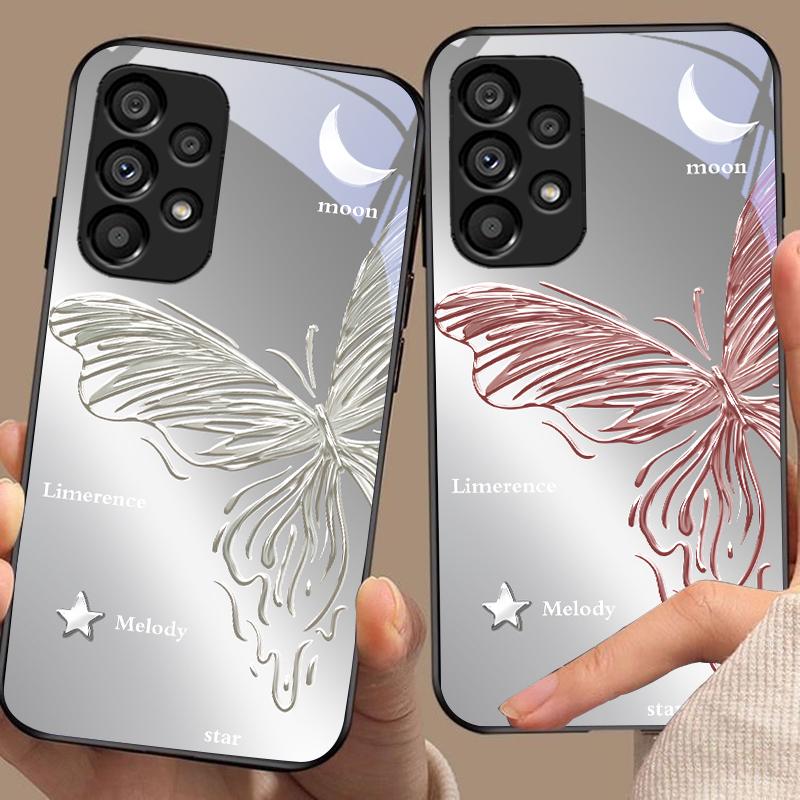 Metallic Butterfly For Samsung Galaxy S10 20 Plus 21 FE 22 23 24 FE 25 Ultra Black Tempered Glass Phone Case Hard Shell