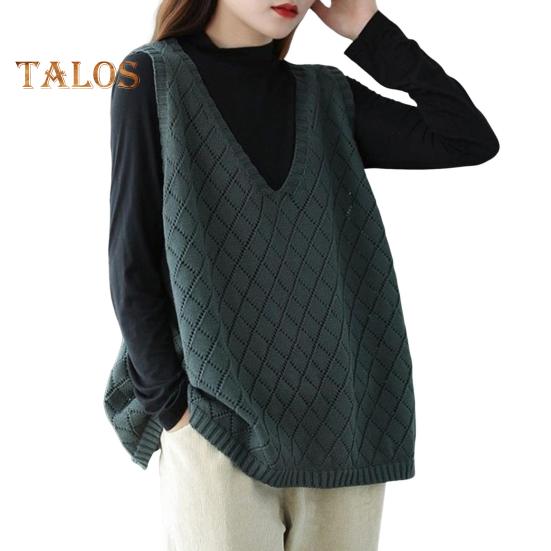 Spring Fall Women Vest Knitted Sweater Retro V Neck Loose Sleeveless Solid Color Pullover Hollow Out Rhombus Texture Daily Wear Top