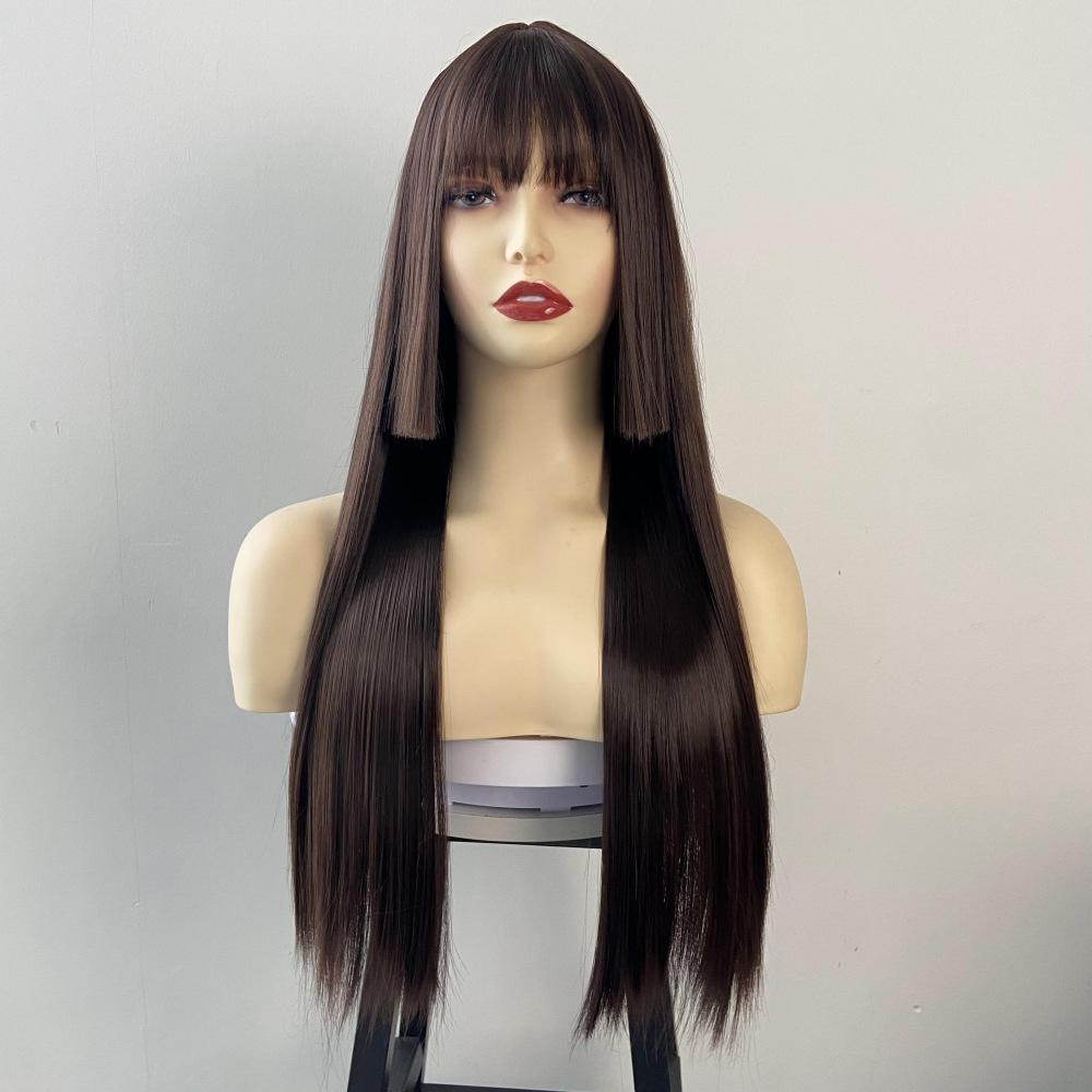 Qi Bangs Long Straight Wig Synthetic Full Head Cover Purple Hime Style Colored Hairstyle Set