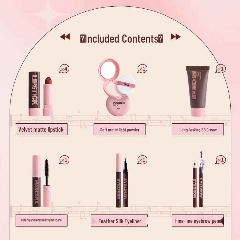 Hivi Cosmetic Gift Set: 9-Piece Makeup Kit with Lipstick, BB Cream, Powder, Mascara, Eyeliner, and Brow Pencil V107A.