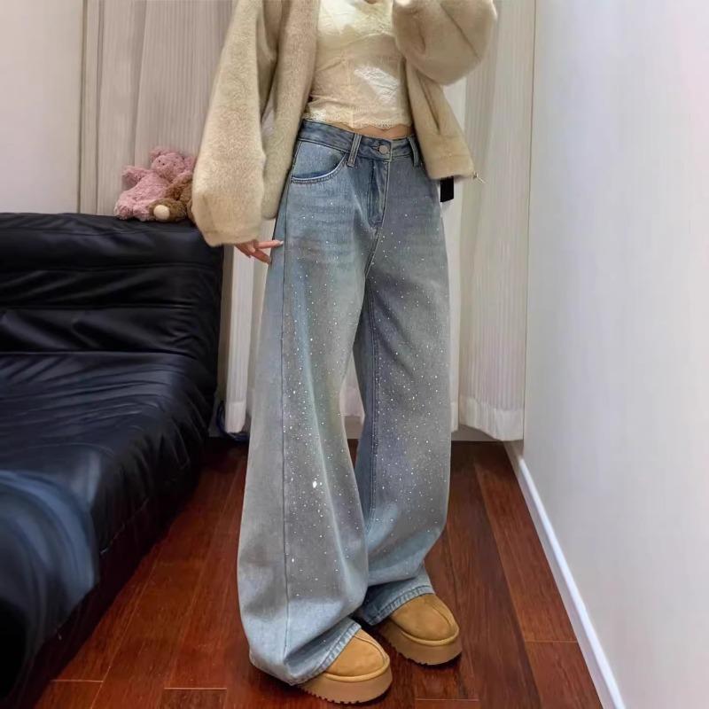 Gypsy Horké Diamanty Těžký Průmysl Džíny Dámské Podzimní a Zimní Designový Smysl Volné Rovné Široké Nohy Skinny Kalhoty s Diamanty