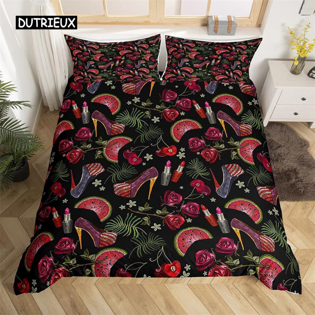 Flower Butterfly High Heels Duvet Cover King Fantasy Glitter Quilt Cover Polyester Romantic Theme Bedding Set Valentine Day Gift