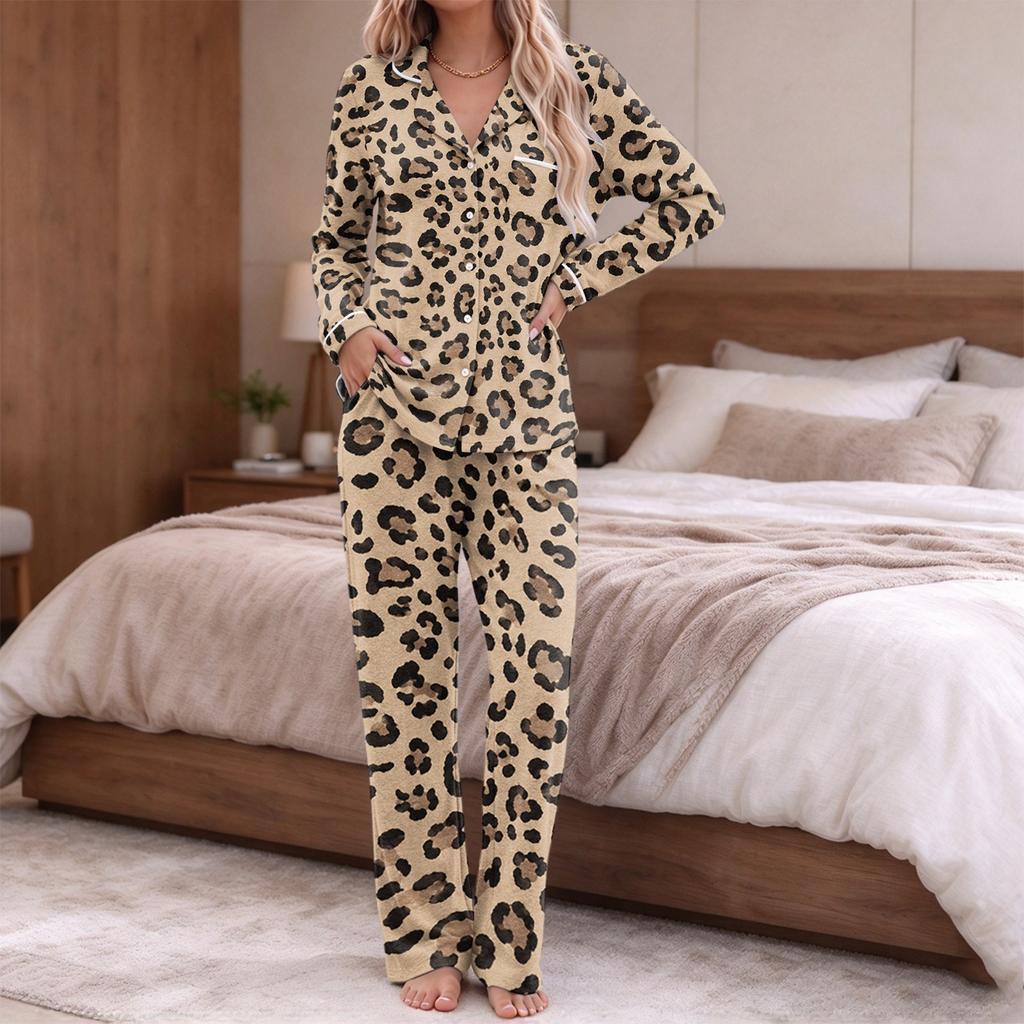 Women's pajamas fashion print long sleeve button-up top pocket pants home casual notch collar V-neck two-piece set