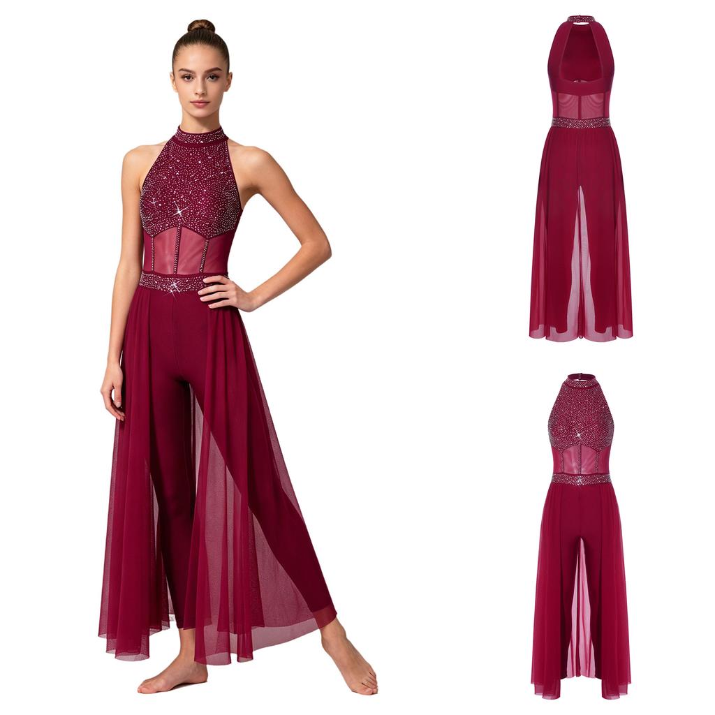 Women Lyrical Dance Unitard Glitter Rhinestone Halter Backless Sheer Waist Tight Pants Mesh Layer Jumpsuit Flowing Dancewear for Stage Performance