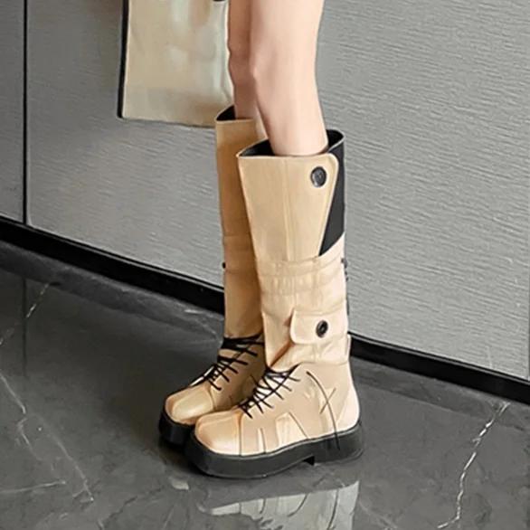 Fashion 2025 Winter Fashion Women Boots Mixed Color Splicing Knee High Boots Rubber Platform Square Toe Lace Up Novelty Boots