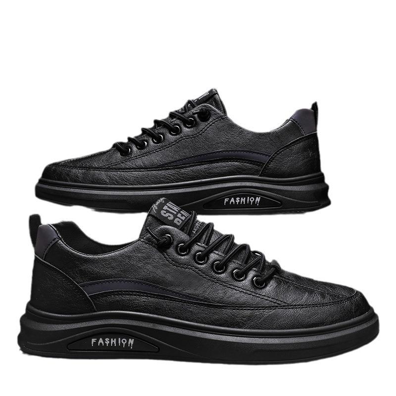 New Men's Breathable Comfort Fashion Leather Casual Shoes, Versatile Black Footwear for Spring, Summer and Autumn