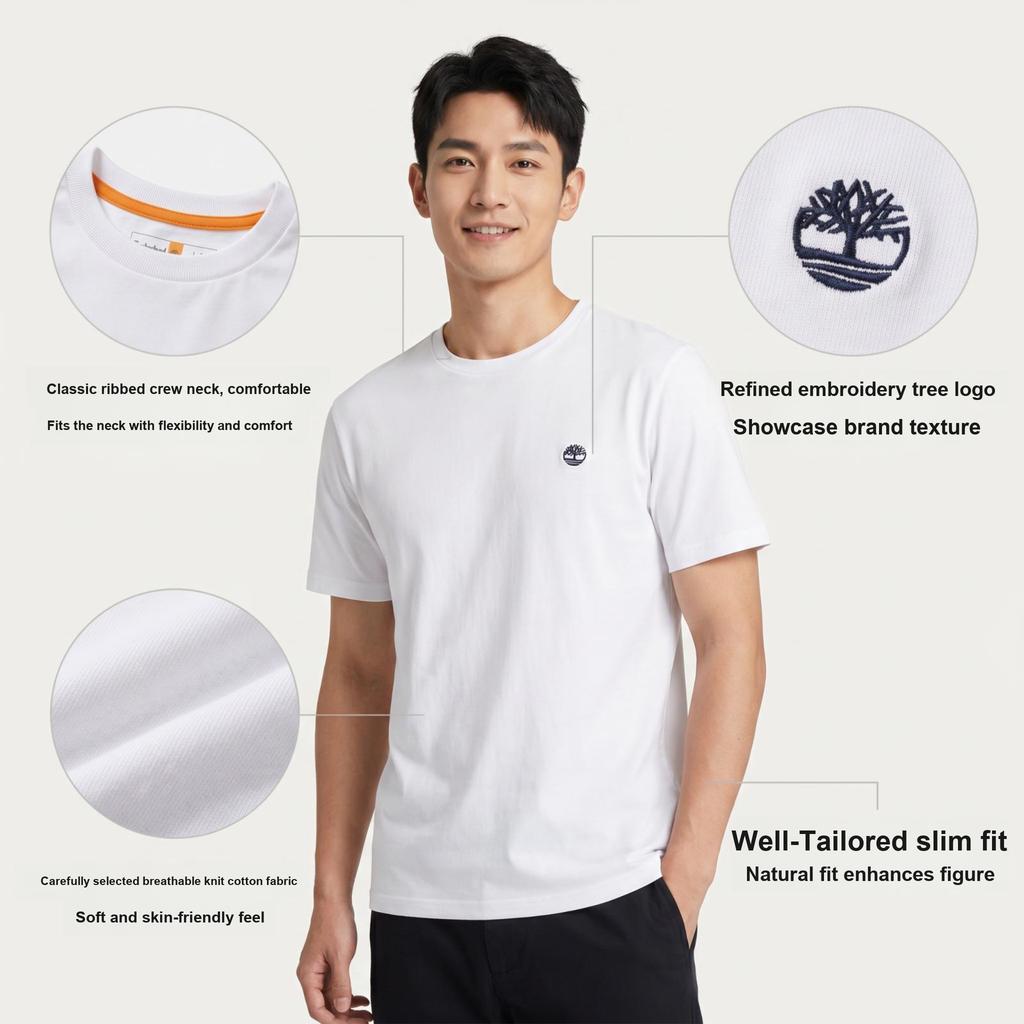 Timberland Solid Color Micro Logo Sports Casual Crew Neck Short Sleeve T-Shirt Men Tops White A6DKU-100