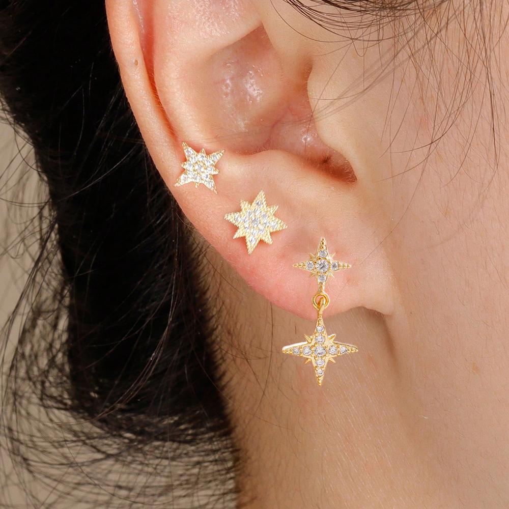 3PCS French Design Stainless Steel Zircon Star Stud Earrings Set For Women Helix Tragus Star Earring Cartilage Piercing Jewelry