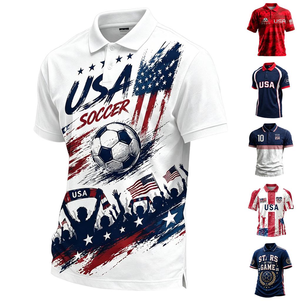 USA Printed Short Sleeve Button Shirt - Patriotic Soccer for Casual Wear