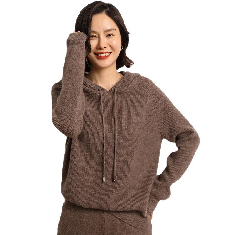Women's Thick Wool Cashmere Knit Hoodie, Autumn/Winter Loose Sweater Coat.