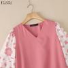 ZANZEA Women Casual V-Neck Print Splice 3/4 Sleeve Loose Blouse