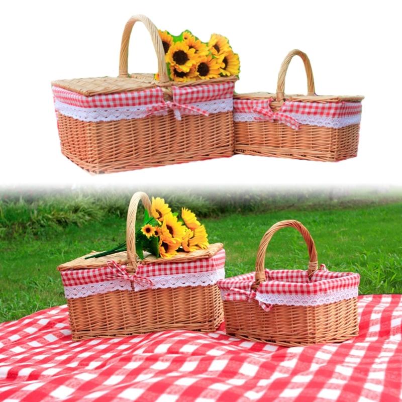Handwoven Picnic Hamper with Lid and Liner Handwoven Storage Basket for Vegetables and Fruit Home Decoration Tool