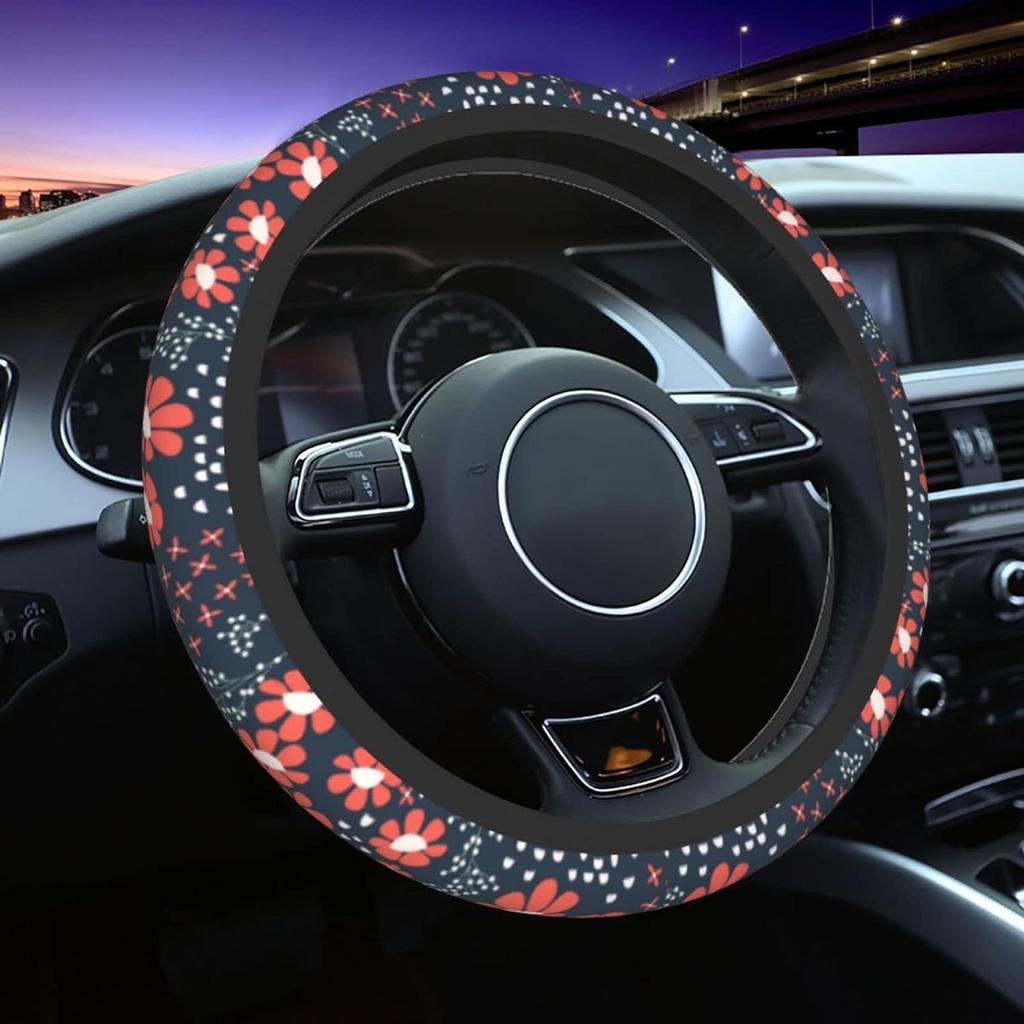 Sage Green Hippie Flower Auto Car Steering Wheel Cover Universal 15 Inch Neoprene Interior Decor Protection Accessories