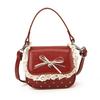 Elegant PU Leather Women Lipstick Bag Soft Knot Design Crossbody Bag Lace Trim Sweet Style Shoulder Bag